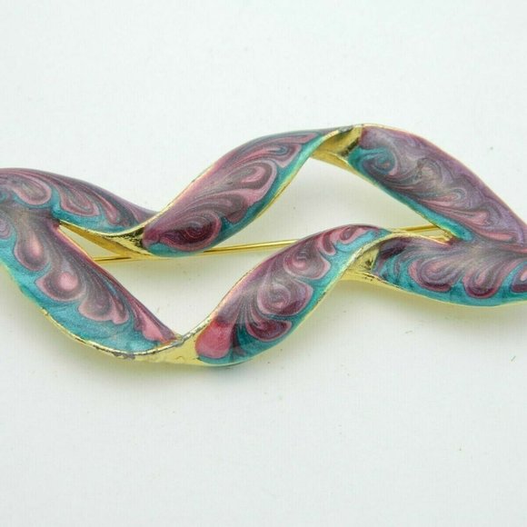Vintage Jewelry - Blue Purple Swirl Enamel Abstract Gold Tone 1980s
